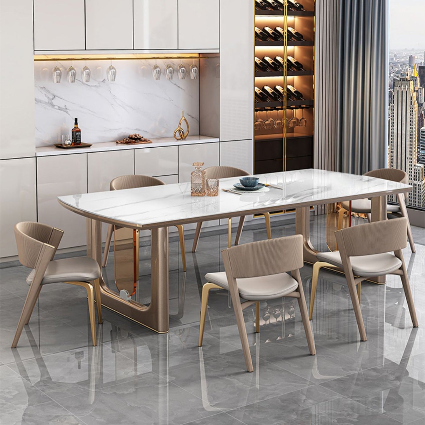 Hochglänzender weißer Stein -Esstisch Set für das Haus 02.01.5.