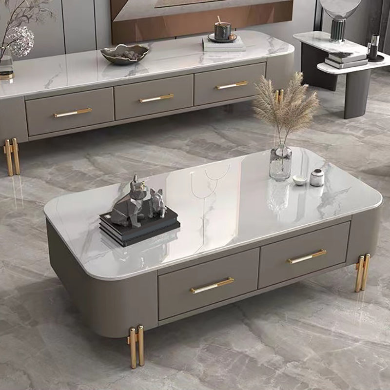 Rectangular Slate Top Coffee Table 4 Legs Cocktail Table with 2 Drawers White-Gray Clearhalo 'Coffee & Accent Tables' 'Coffee Tables' 'coffee_tables' 'furn' 'furn_coffee_tables' 'Furniture' 'Living Room Furniture' 7522969