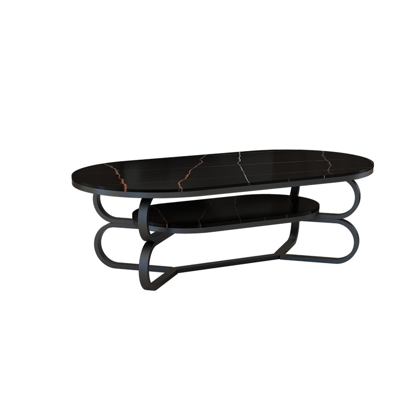Metal Abstract Base Cocktail Table Oval Slate Top Coffee Table with Shelf Black Clearhalo 'Coffee & Accent Tables' 'Coffee Tables' 'coffee_tables' 'furn' 'furn_coffee_tables' 'Furniture' 'Living Room Furniture' 7523004