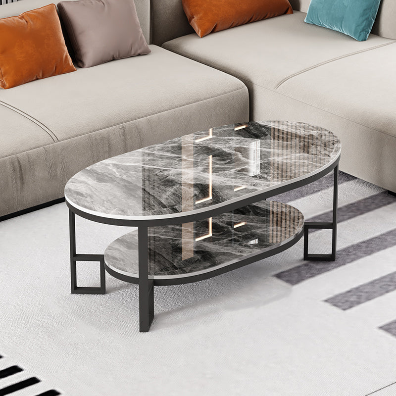 Oval Slate Top Coffee Table Iron 4 Legs Cocktail Table with Shelf Black Light Gray Clearhalo 'Coffee & Accent Tables' 'Coffee Tables' 'coffee_tables' 'furn' 'furn_coffee_tables' 'Furniture' 'Living Room Furniture' 7534031