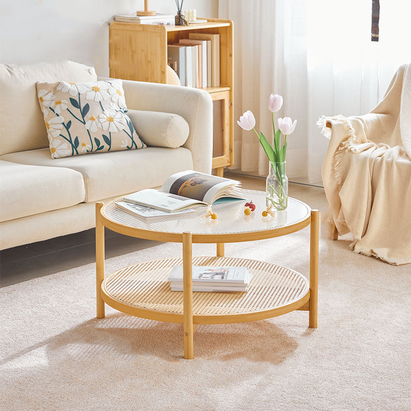 Table à cocktail en bois 4 jambes table basse en verre rond avec étagère