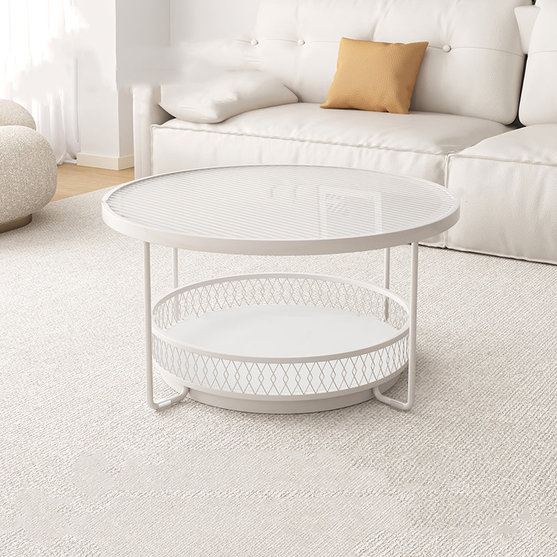 Iron 4 Legs Cocktail Table Round Glass Top Coffee Table with Shelf White Clearhalo 'Coffee & Accent Tables' 'Coffee Tables' 'coffee_tables' 'furn' 'furn_coffee_tables' 'Furniture' 'Living Room Furniture' 7592354
