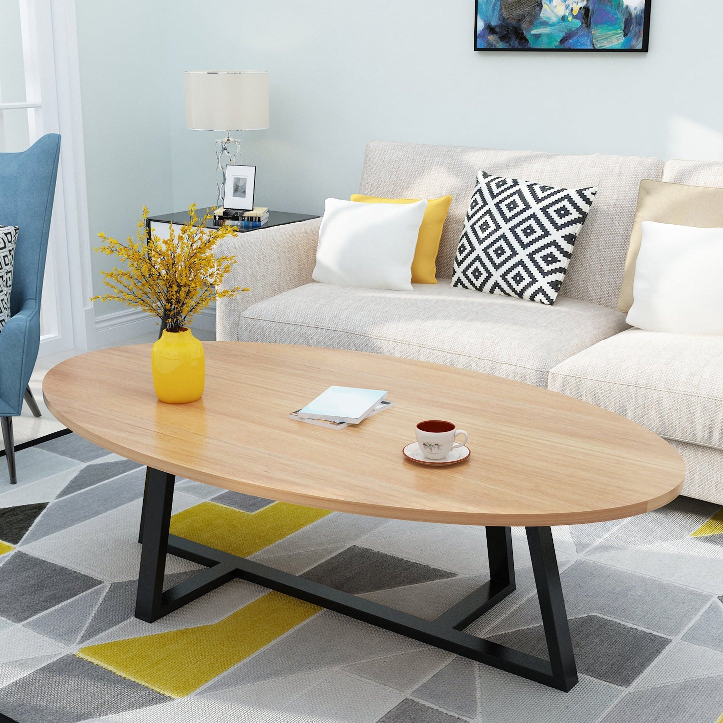 Metal Cross Legs Cocktail Table Wooden Oval Top Coffee Table 47"L x 24"W x 18"H Black Natural Clearhalo 'Coffee & Accent Tables' 'Coffee Tables' 'coffee_tables' 'furn' 'furn_coffee_tables' 'Furniture' 'Living Room Furniture' 7592373