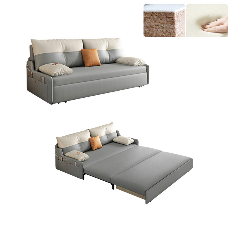 Cama de sofá de futón de estilo Galm en cuero con unión gris con almacenamiento
