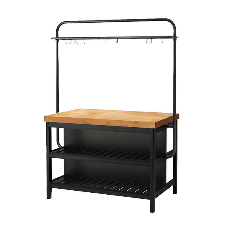 Natural Finish Solid Wood Kitchen Island Table with Metal Open Storage