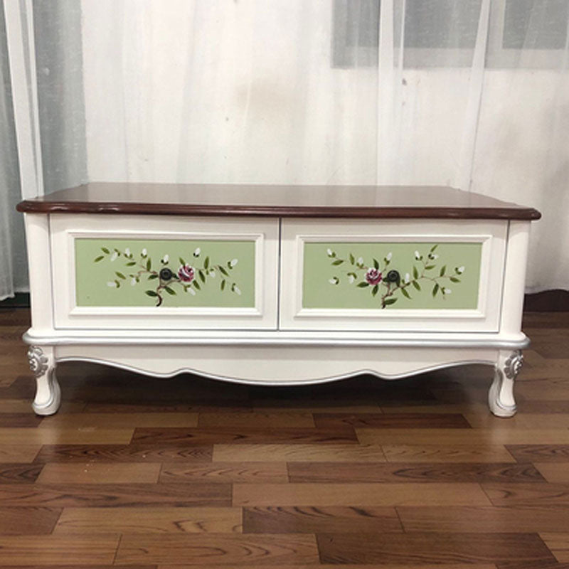 Wooden 4 Legs Coffee Table with Storage Drawers French Country Rectangle