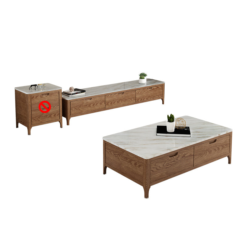 Solid Wood 4 Legs Coffee Table with Storage Drawers Marble Top