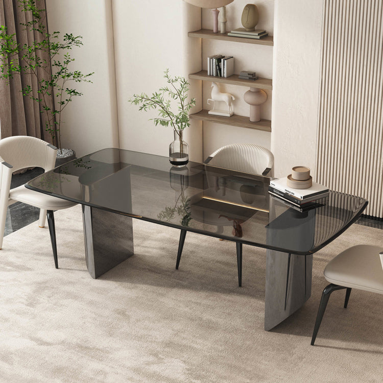 Modern Style Rectangle Glass Dinner Table with Double Pedestal