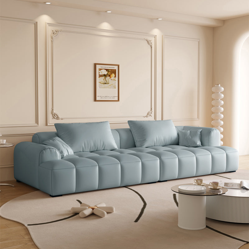 Scandinavian Faux Leather Pillow Back Recessed Arm Sofa For Living Room Blue Faux Leather Clearhalo 'furn' 'furn_sofas' 'Furniture' 'Living Room Furniture' 'Sofa' 'sofas' 7671611