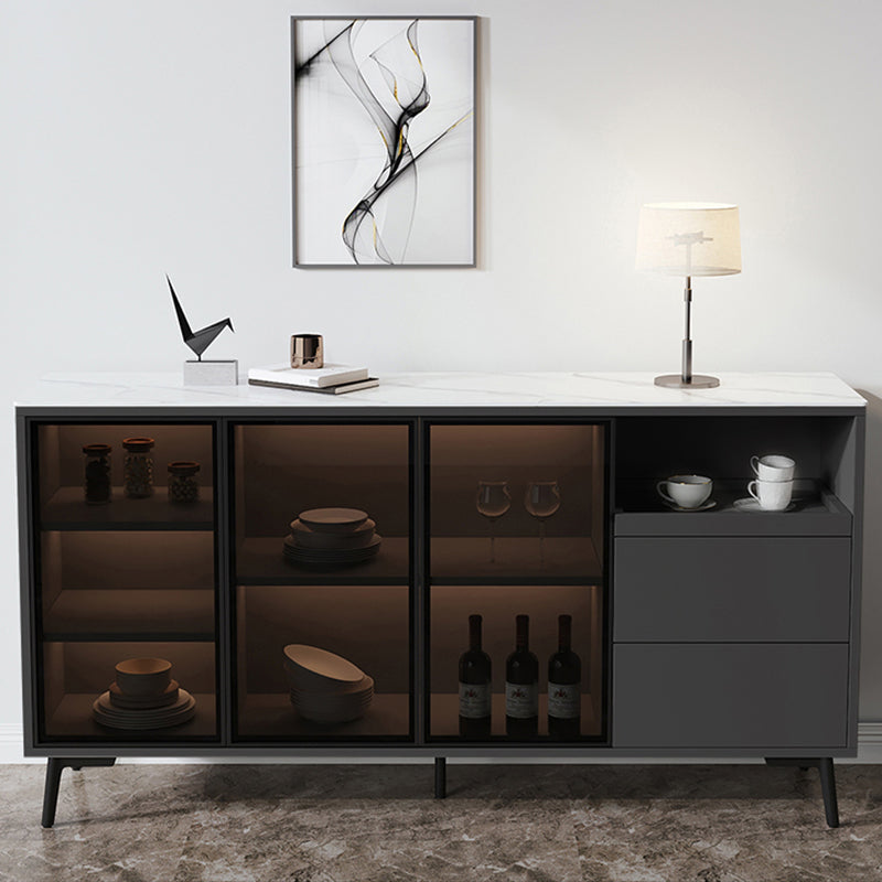 Glass Door Stone Buffet Sideboard Contemporary Style Credenza with LED Lights 63"L x 16"W x 36"H Dark Gray Clearhalo 'buffet_sideboard' 'Buffets & Sideboards' 'furn' 'furn_buffet_sideboard' 'Furniture' 'Kitchen & Dining Furniture' 7673994
