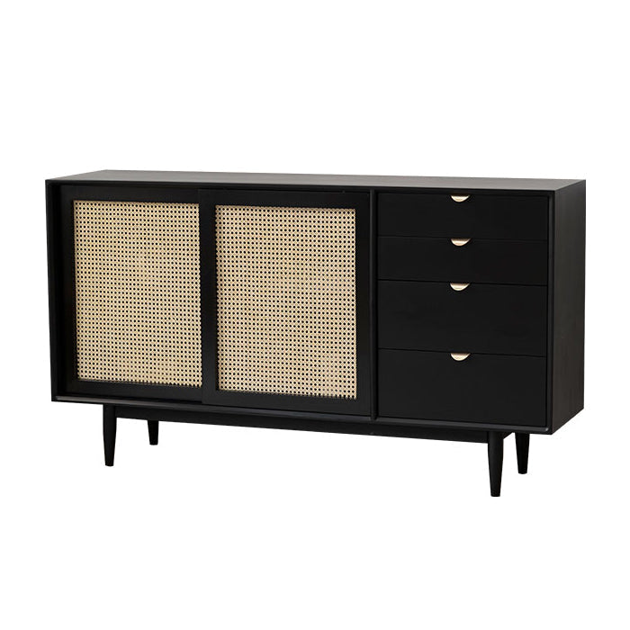 Contemporary Brown Cabinets Doors Sideboard Solid Wood Buffet Table with 4-Drawer Wicker & Rattan Clearhalo 'buffet_sideboard' 'Buffets & Sideboards' 'furn' 'furn_buffet_sideboard' 'Furniture' 'Kitchen & Dining Furniture' 7674068