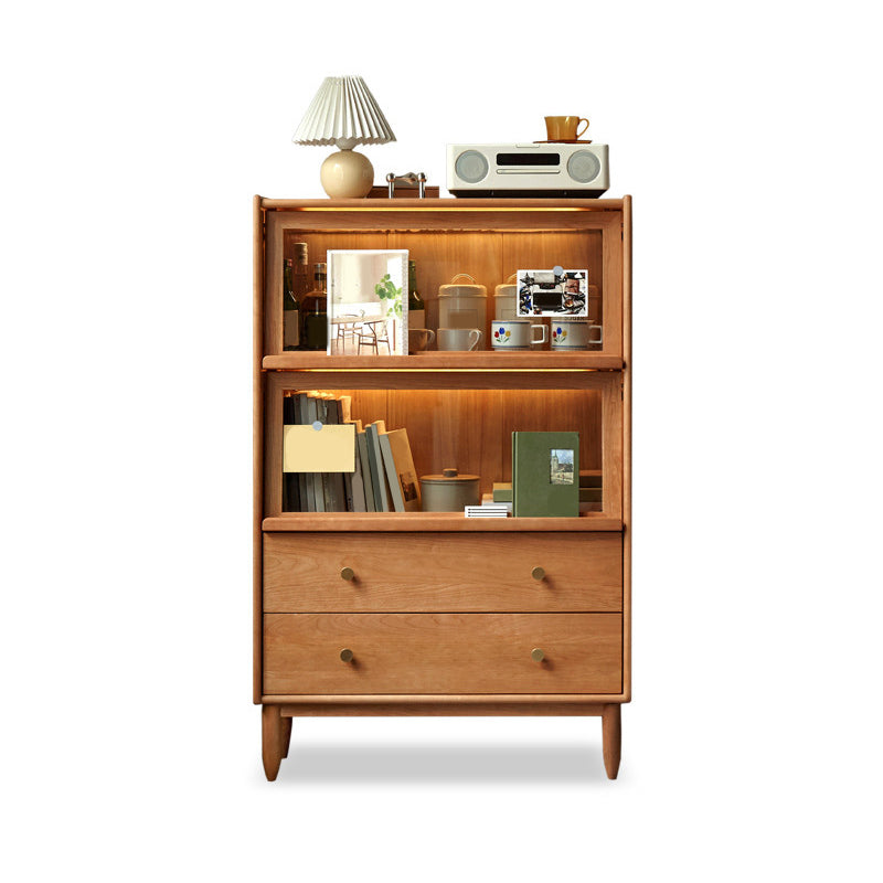 Sala de estar moderna Curio Gabinete Puertas de vidrio de madera maciza con 2 cajones