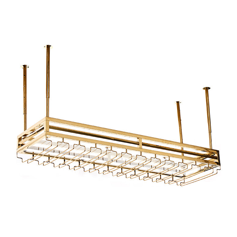 ガラスホルダー&ストレージシェルフを備えたゴールドスチールハンギングワインホルダー