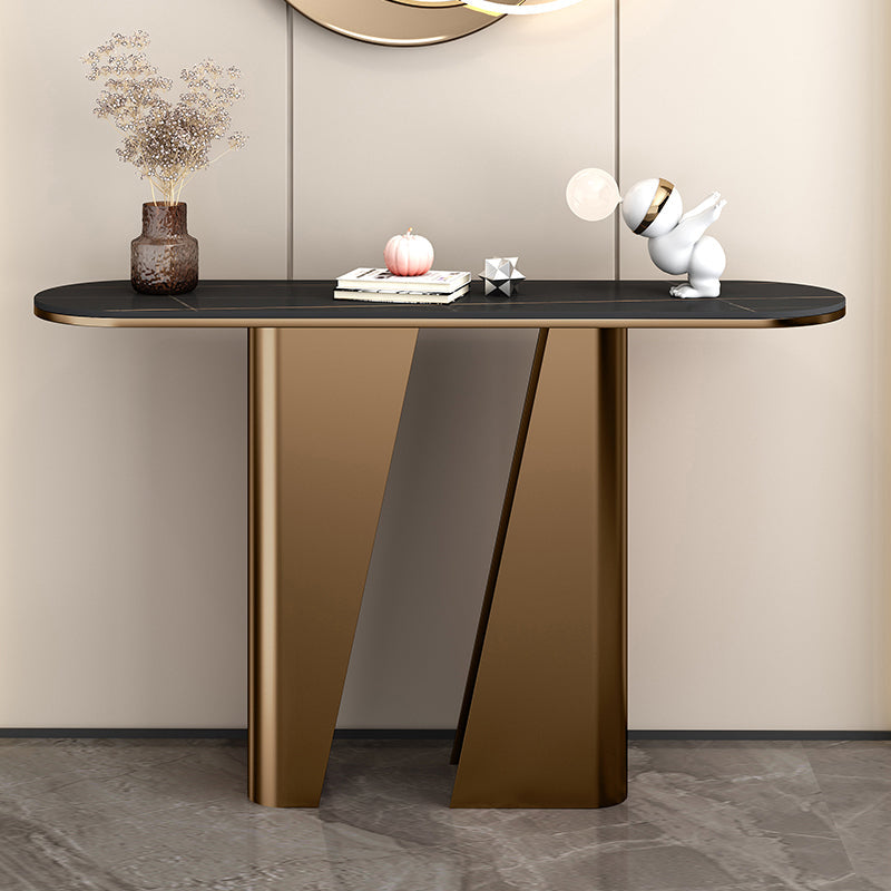 Modern Half Moon Console Table Stone Console Sofa Table in Gold/Black