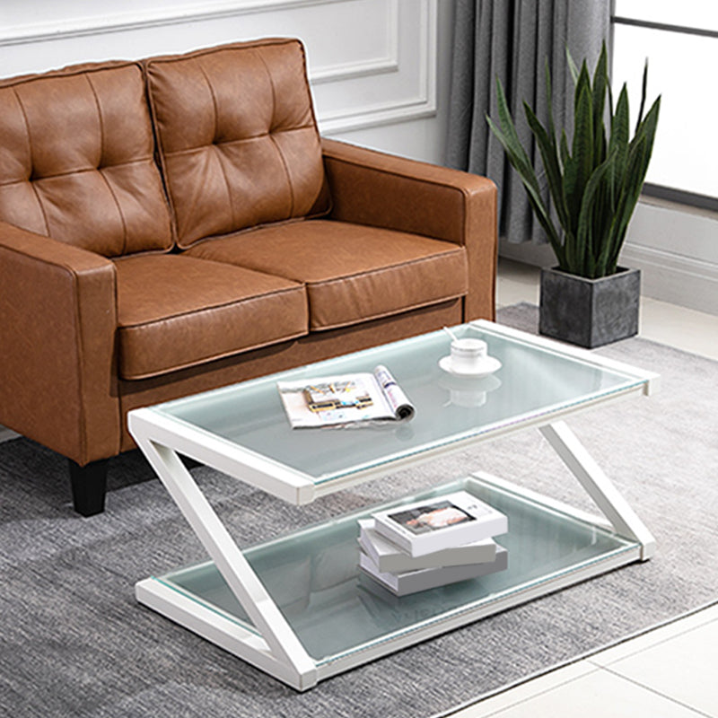 Rectangle Glass Top Coffee Table Stainless Steel Frame with Storage