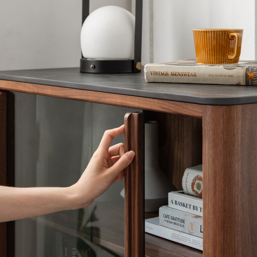 ドア付きのミッドセンチュリーモダンスクエアリビングルームのアクセントキャビネット