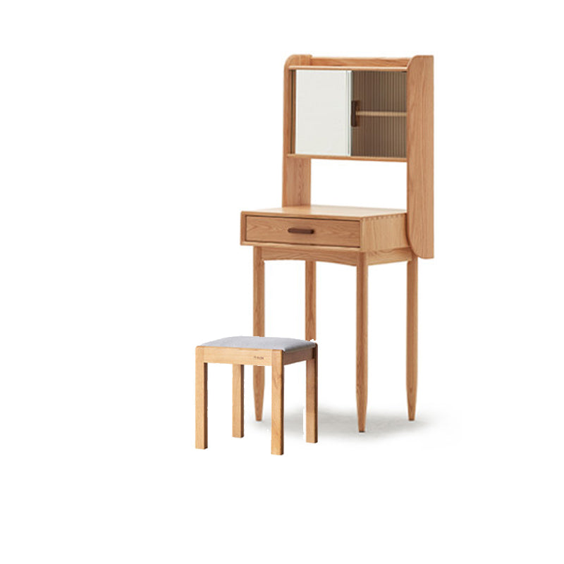 51.97" High 1-Drawer Vanity Desk/Mirror and Stool in Cherry Wood Makeup Vanity & Stools 22"L x 17"W x 52"H Wood Clearhalo 'Bedroom Furniture' 'furn' 'furn_makeup_vanities' 'Furniture' 'Makeup Vanities' 'makeup_vanities' 7741455