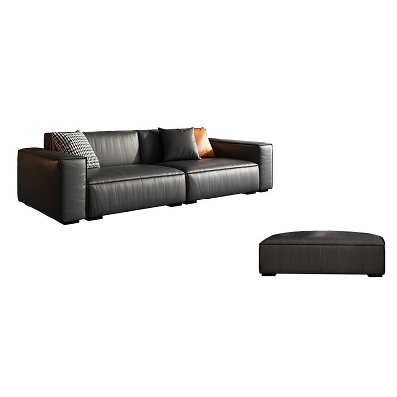 Modern Square Arm Sectional, Genuine Leather Sectional Couch in Black 3-Seater Sofa with Ottoman Clearhalo 'furn' 'furn_sectionals' 'Furniture' 'Living Room Furniture' 'Sectionals' 7742422
