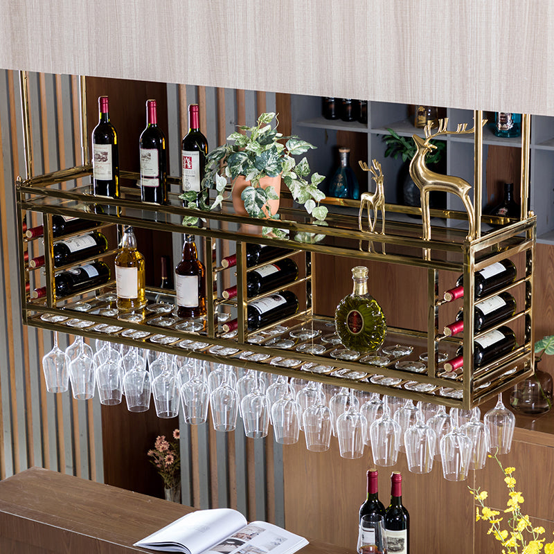 キッチンメタルハンギングワインホルダーとガラスホルダー&ストレージシェルフ付き