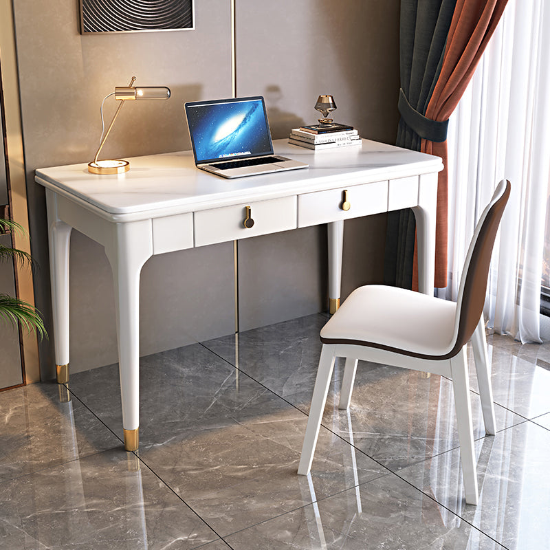 Glam Style Stone Writing Desk Solid Wood Rectangular Office Desk White Clearhalo 'furn' 'furn_office_desk' 'Furniture' 'Office Desks' 'Office Furniture' 'office_desk' 7753365