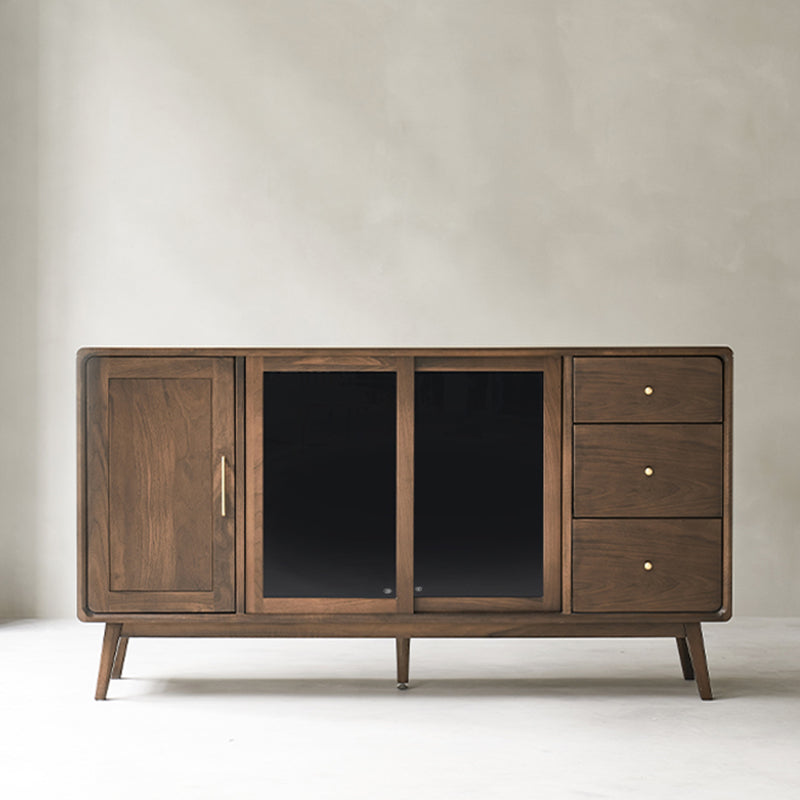 Espresso Walnut Wood Sideboard Modern Glass Door with 3 Drawers 59"L x 16"W x 32"H Clearhalo 'buffet_sideboard' 'Buffets & Sideboards' 'furn' 'furn_buffet_sideboard' 'Furniture' 'Kitchen & Dining Furniture' 7779753
