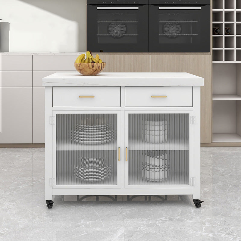 Faux Marble Top Kitchen Island Cart Modern Rectangle with 2 Drawers
