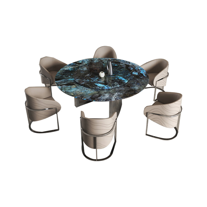1/4/7 Pieces Stone Top Stainless Steel Base Dining Set for Home Table & Chair(s) 63"L x 63"W x 29.5"H 7 Piece Set Clearhalo 'Dining Room Sets' 'Dining Tables & Seating' 'dining_room_set' 'furn' 'furn_dining_room_set' 'Furniture' 'Kitchen & Dining Furniture' 7807291