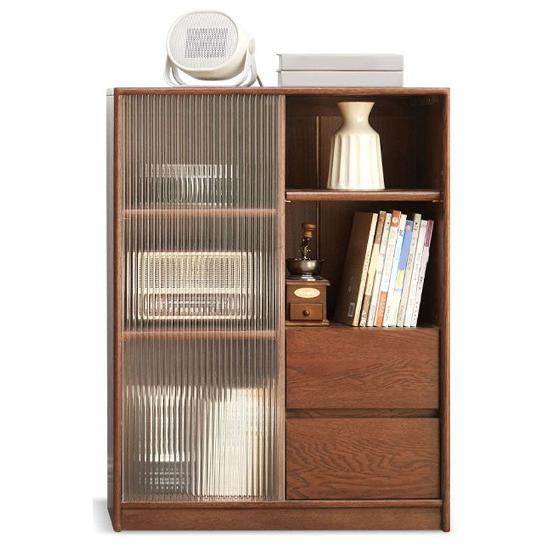 Natural Solid Wood Grooves Glass Paned Living Room Accent Cabinet with Shelves Nut-Brown Clearhalo 'Cabinets & Chests' 'cabinets_chests' 'furn' 'furn_cabinets_chests' 'Furniture' 'Living Room Furniture' 7823344