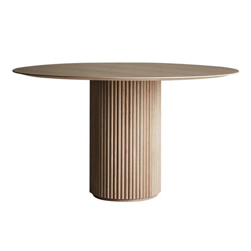 Tavolo da pranzo rotondo in legno massiccio e pietra con piedistallo