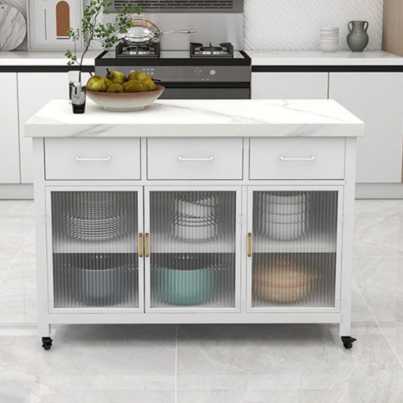 Modern Faux Marble Rectangle Kitchen Cart with Metal Base and Drawers White Clearhalo 'furn' 'furn_kitchen_islands_carts' 'Furniture' 'Kitchen & Dining Furniture' 'Kitchen Islands & Carts' 'kitchen_islands_carts' 7827018