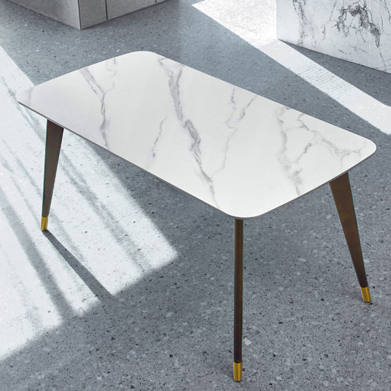 Mesa de comedor de piedra blanca rectangular contemporánea con 4 pies de madera