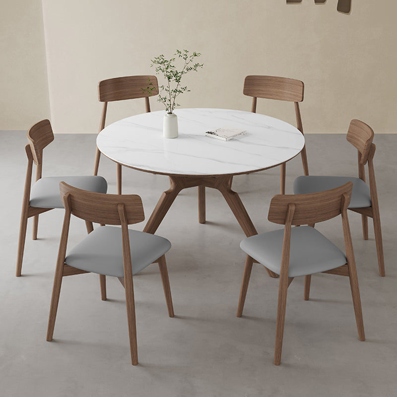 Contemporary Round White Stone Dining Table with Solid Wood Trestle