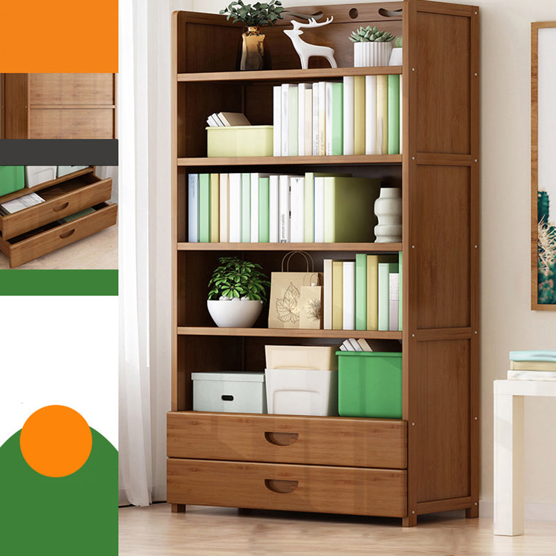 Vertical Contemporary Bamboo Bookcase Open Back Bookshelf for Office 35.4"L x 9.8"W x 66.9"H Brown Drawers Clearhalo 'Bookcases' 'furn' 'furn_bookcases' 'Furniture' 'Office Furniture' 7859952