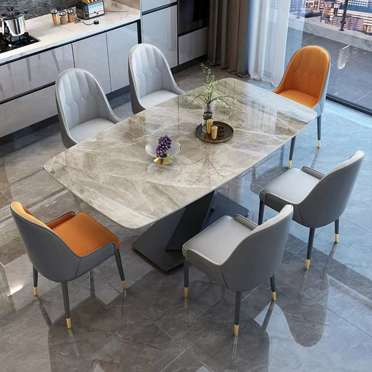 Moderne rechthoekige witte stenen bovenste eettafel met stalen zwarte X-Base