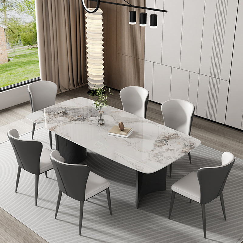 Hedendaagse grijze rechthoekige stenen eettafel met dubbele voetstuk