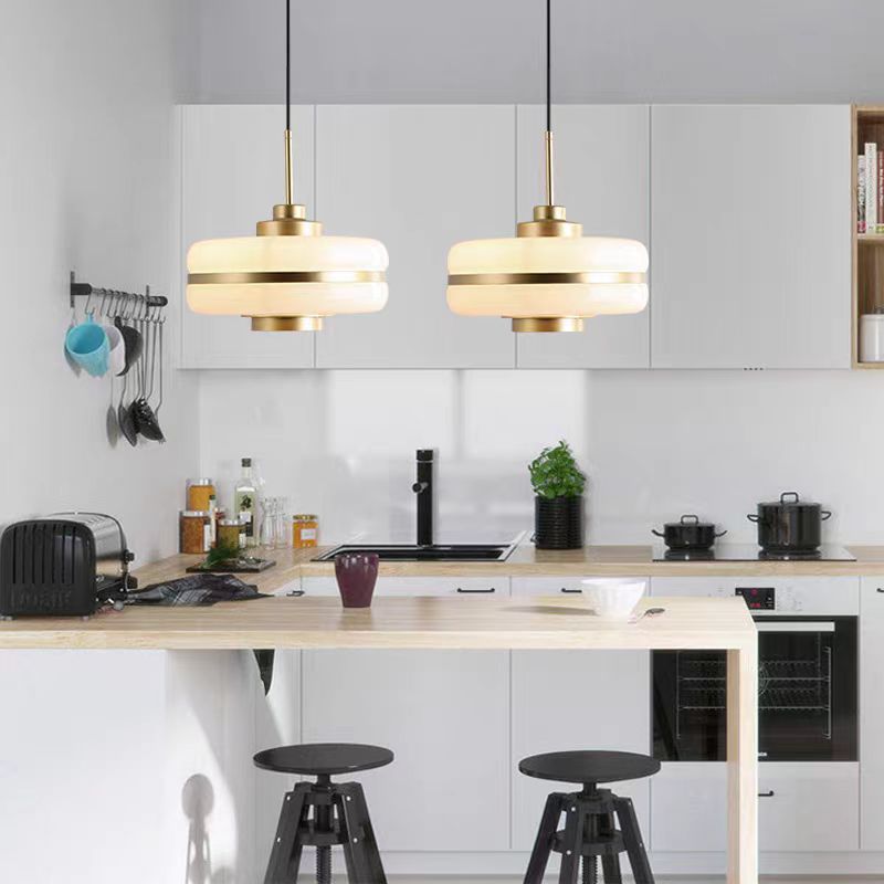 Drum Pendant Light Fixture Postmodern White Glass 1 Light Bedroom Hanging Ceiling Light Clearhalo 'Ceiling Lights' 'Glass shade' 'Glass' 'Modern Pendants' 'Modern' 'Pendant Lights' 'Pendants' Lighting' O1CN01lZi41U1RZIZKmIIFq__2213034072125-0-cib