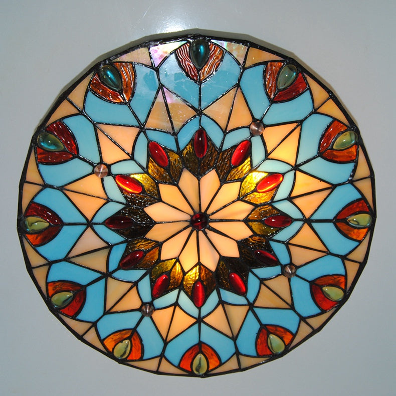 Stained Glass Ceiling Light Fixture Tiffany Style 3-Light Drum Flush Mount Light Fixture with Peacock and Jewel Clearhalo 'Ceiling Lights' 'Close To Ceiling Lights' 'Close to ceiling' 'Flush mount' Lighting' yu