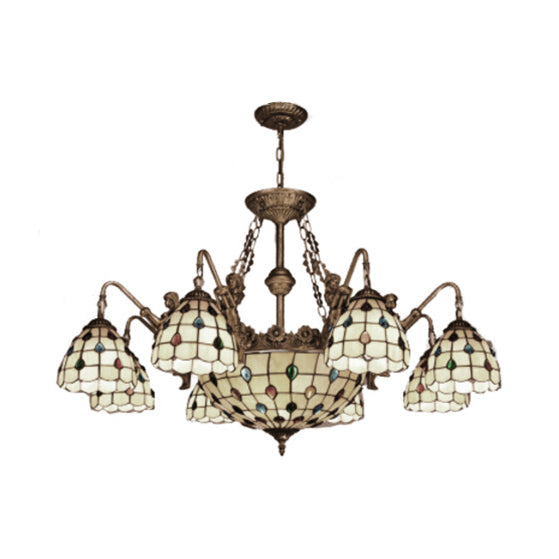 Beige Domed Chandelier Lamp Tiffany 15 Lights Stained Glass Hanging Light Clearhalo 'Ceiling Lights' 'Chandeliers' 'Industrial' 'Middle Century Chandeliers' 'Tiffany Chandeliers' 'Tiffany close to ceiling' 'Tiffany' Lighting' 101172