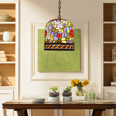 Purple-Red Stained Glass Bell Ceiling Lamp Tiffany 1 Head Pendant Hanging Light Purple-Red Clearhalo 'Ceiling Lights' 'Industrial' 'Middle Century Pendants' 'Pendant Lights' 'Pendants' 'Tiffany close to ceiling' 'Tiffany Pendants' 'Tiffany' Lighting' 101706