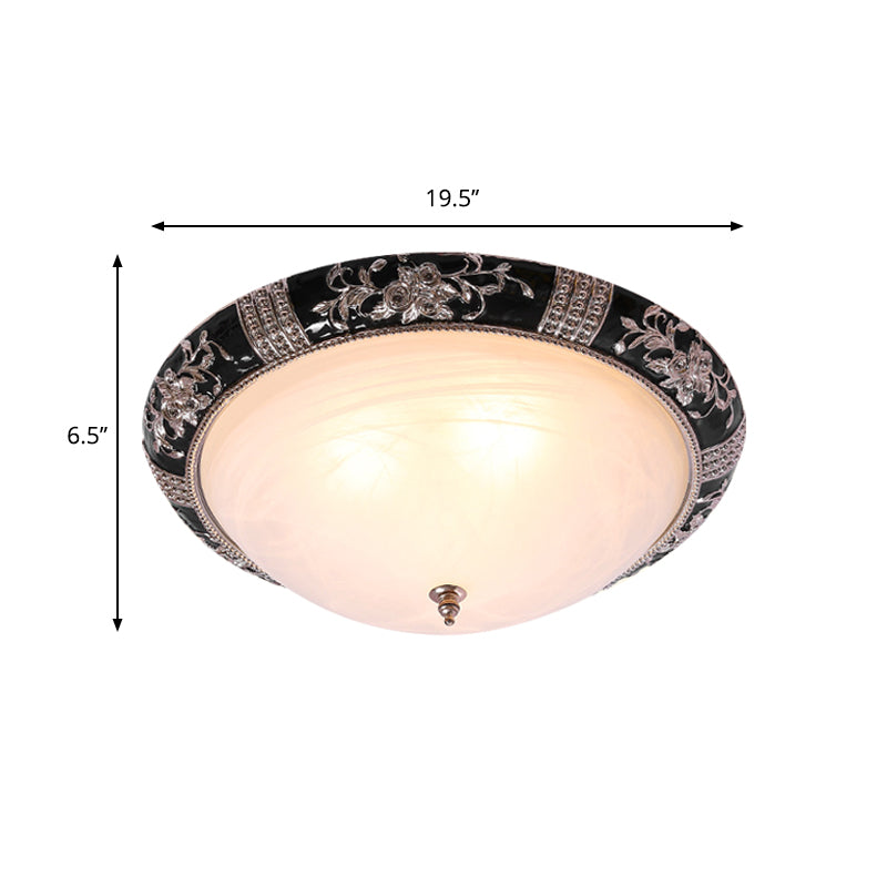 Black-Gold Semi-Orb Flush Mount Lamp Classic Satin Glass 1/2-Light 14"/19.5" W Hallway Ceiling Fixture Clearhalo 'Ceiling Lights' 'Close To Ceiling Lights' 'Close to ceiling' 'Flush mount' Lighting' 1030434