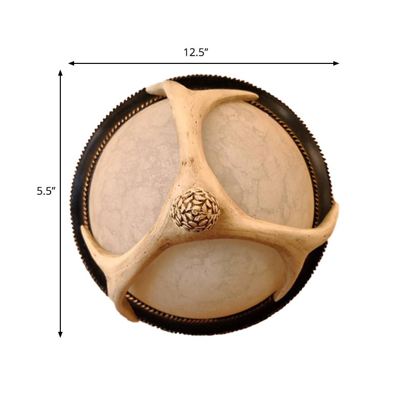 2-Head Semi-Ball Flush Mount Lighting Classic Wood Resin Ceiling Fixture with Antler Deco for Bedroom Clearhalo 'Ceiling Lights' 'Close To Ceiling Lights' 'Close to ceiling' 'Flush mount' Lighting' 1030532