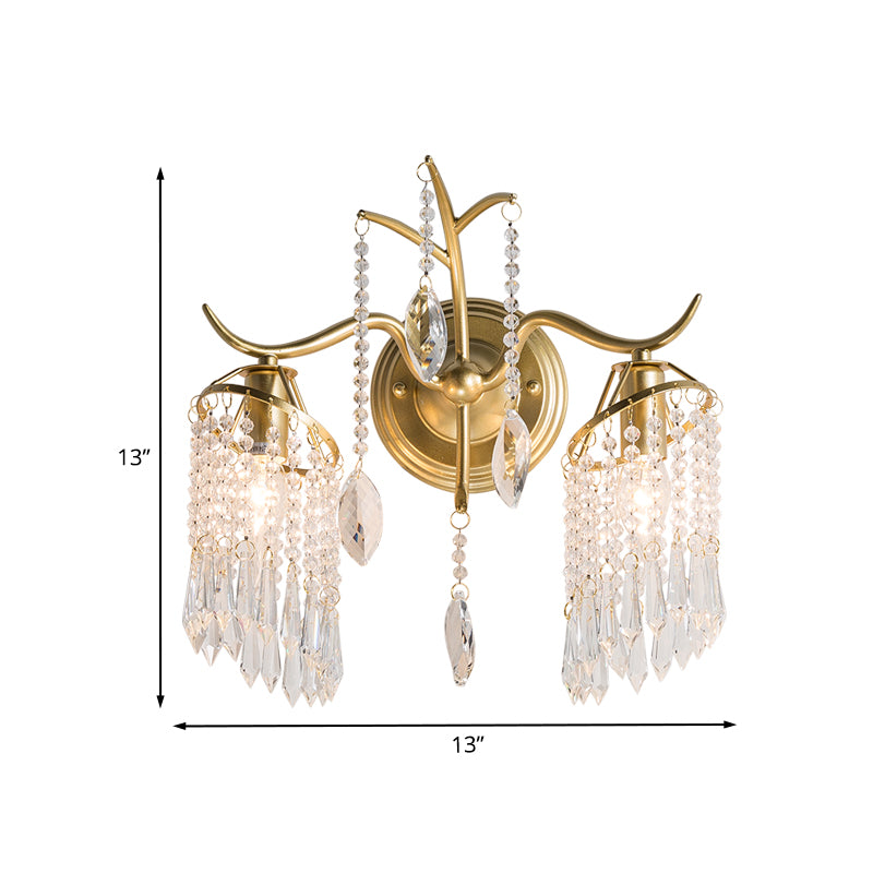 2 Heads Windbell Wall Lighting Minimalist Gold Draping Crystal Teardrop Wall Sconce Light Clearhalo 'Modern wall lights' 'Modern' 'Wall Lamps & Sconces' 'Wall Lights' Lighting' 1032092