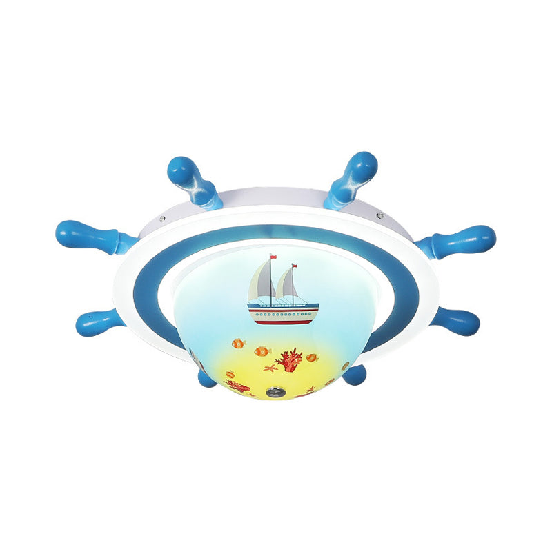 Nautical Rudder Flush Mount Pendant Fixture Acrylic LED Bedroom Ceiling Lighting with Sailboat Pattern in Blue and White Clearhalo 'Ceiling Lights' 'Close To Ceiling Lights' 'Close to ceiling' 'Flush mount' Lighting' 1032268