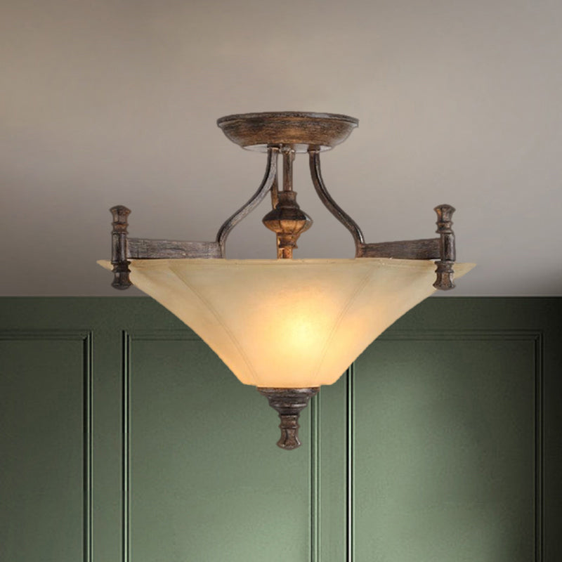 3-Bulb Flushmount Lamp Classic Triangle-Like Ribbed Glass Semi-Flush Ceiling Light in Coffee Clearhalo 'Ceiling Lights' 'Close To Ceiling Lights' 'Close to ceiling' 'Semi-flushmount' Lighting' 1033810