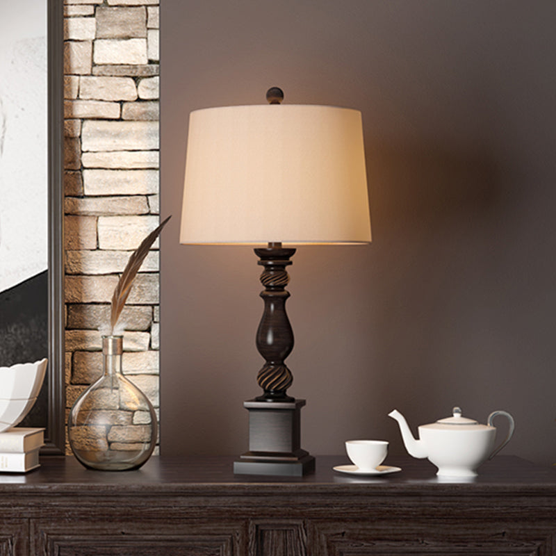 Fabric Drum Shade Night Lamp Rural 1 Bulb Bedside Table Stand Light in Red Brown, 12"/14" Wide Clearhalo 'Lamps' 'Table Lamps' Lighting' 1034231