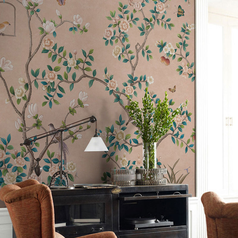 Big Illustration Countryside Wall Mural Decal for Home Decoration with Garden Blossoms Design in Natural Color Nude Clearhalo 'Wall Decor' 'Wall Mural' 1036835