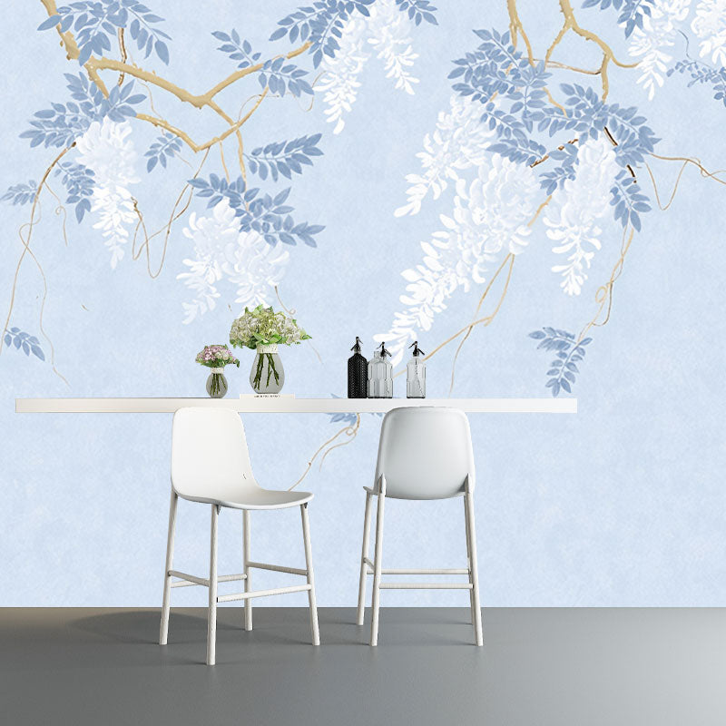 Full Size Illustration Leaves Mural Wallpaper for Bedroom Decor in Neutral Color, Custom-Printed Light Blue Clearhalo 'Wall Decor' 'Wall Mural' 1036849