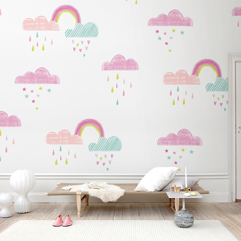 Simplicity Rain and Cloud Mural for Kid's Bedroom, Custom-Made Wall Decor in Pastel Color Purple-Pink Clearhalo 'Wall Decor' 'Wall Mural' 1041313