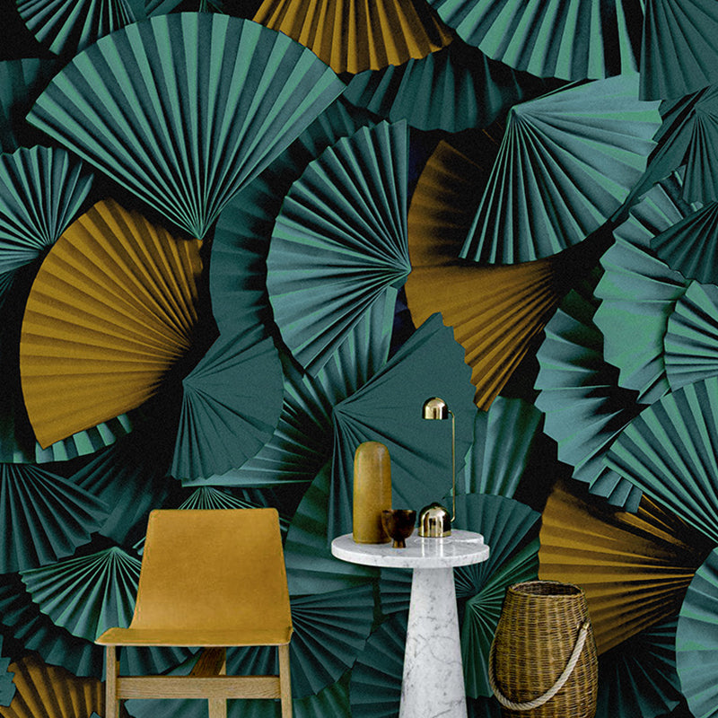 Moisture-Resistant Pleated Fan Mural Wallpaper for Accent Wall Asia Inspired Wall Art, Custom-Printed Aqua Clearhalo 'Wall Decor' 'Wall Mural' 1041363