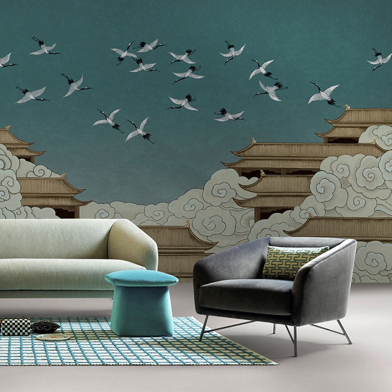 Full Illustration Asia Inspired Mural for Accent Wall with Classic Palace in Blue and Yellow Lake Blue Clearhalo 'Wall Decor' 'Wall Mural' 1041591